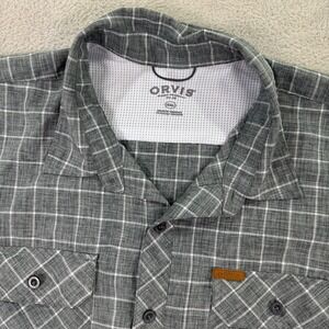 Orvis Mens XL Gray Plaid Short Sleeve Button Down Fishing Shirt Casual Work Barn